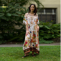Frauen Sommer Muslim Lose Halbarm Print Robe Langes Kleid