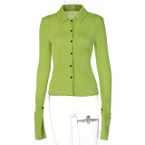 Women Spring And Summer Polo Collar Buttoned Fashion Flared Sleeves Solid Color Cardigan Top