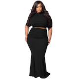 Plus Size Solid Color Pleated Fashion Casual Slim Top And Long Dress Two Piece Set