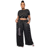 Plus Size Summer Women Fashion Polka Dot Print Short Sleeve Top And Pant Two-Piece Set