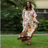 Women Summer Muslim Loose Half Sleeve Print Robe Long Dress