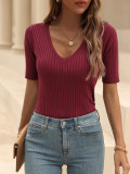 Summer V-Neck Knit Fit Solid Color Women Top