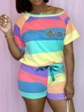 Women Summer Fashion Colorful Striped Print Short Sleeve Top And Shorts Two Piece Set