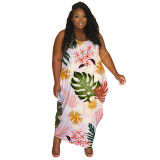 Plus Size Women Summer Round Neck Sleeveless Printed  Dress