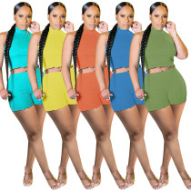Damen-Sommer-Rollkragenpullover mit kleinem Rüschenrand, schmales Oberteil und Shorts, zweiteiliges Set