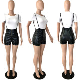 Women Stretch Pu Leather Sexy Suspender Jumpsuit + Short Sleeve T-Shirt Two-Piece Set