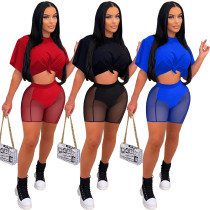 Ladies Fashion Patchwork Mesh Shorts Casual Two Piece Set