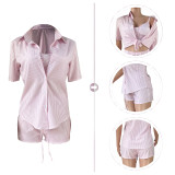 Women's Striped Shirt Sling Shorts Slim Fit Three Piece With Chest Pad Adjustable Straps