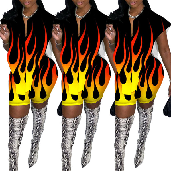 Sommer-Frauen-Hemd-Shorts mit unregelmäßigem Flammendruck, zweiteiliges Set