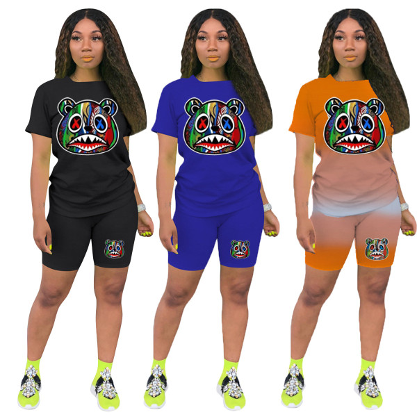 Damen Casual Sports T-Shirt mit buntem Kopfdruck und Shorts, zweiteiliges Set