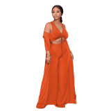 Women Spring Sexy Solid Color Long Coat And Crop Top And Pant 3 Piece Set
