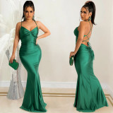 Women Summer Solid Color Sexy Backless Strap Fishtail Elegant Dress