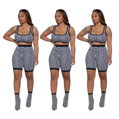 Women Fashion Casual Tank Top And Shorts Printed Two-Piece Set