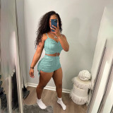 Women Summer Solid Color Crop Top And Folding Drawstring Shorts Two Piece Set