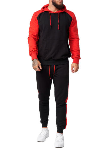 メンズウィンタースポーツウェアカラーブロックフード付きジャケットとカジュアルパンツツーピースセット