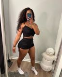 Women Summer Solid Color Crop Top And Folding Drawstring Shorts Two Piece Set