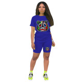 Damen Casual Sports T-Shirt mit buntem Kopfdruck und Shorts, zweiteiliges Set