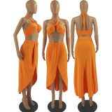 Women Summer Sexy Halter Crop Top And Slit Long Dress Two Piece Set