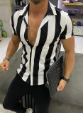 Men Summer Short Sleeve Striped Colorblock Slim Fit Shirt