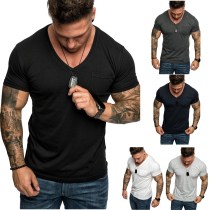 Мужская летняя однотонная тонкая карманная футболка с коротким рукавом