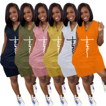 Plus Size Damen Sommer Casual Solid Color V-Ausschnitt Letter Print Kleid