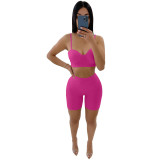 Summer Women Sexy Crop Top And Low-Waist Slim Shorts Solid Color Two-Piece Set