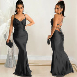 Women Summer Solid Color Sexy Backless Strap Fishtail Elegant Dress