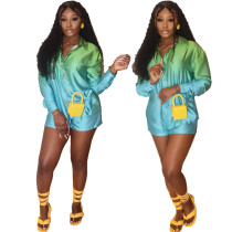 Women Spring Summer Long Sleeve Shirt And  Shorts Gradient Print Two-Piece Set