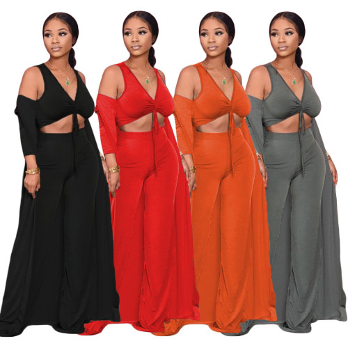Women Spring Sexy Solid Color Long Coat And Crop Top And Pant 3 Piece Set