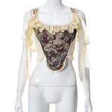 Sommer-Portrait-Print-Pullover, ärmelloses, nabelförmiges Damen-Kunststoff-Taillen-Top mit Schnürung