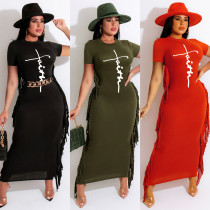 Women's Solid Color Print Short Sleeve Fringe Dress Without Belt