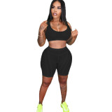 Women's Summer Mesh Solid Camisole Sexy Skinny Shorts Sports Suit