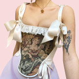 Sommer-Portrait-Print-Pullover, ärmelloses, nabelförmiges Damen-Kunststoff-Taillen-Top mit Schnürung