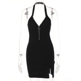 Women's Summer Fashion Sexy V-Neck Zipper Halter Open Back Slit Dress