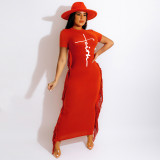 Women's Solid Color Print Short Sleeve Fringe Dress Without Belt