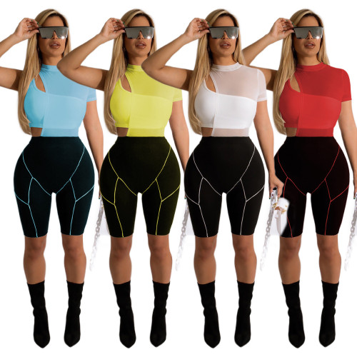 Women's tube top mesh + five-point pants three-piece set
