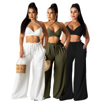 Sexy women's solid color strap tube top loose trousers halter neck fashion two-piece set
