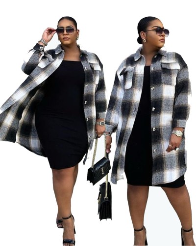 Manteau en laine chemise à boutonnage simple à poche de manteau à carreaux épaissi de grande taille