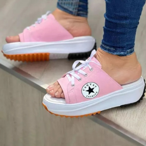 Summer fish mouth canvas breathable casual women's shoes thick-soled lace-up sandals slippers women's outdoor shoes