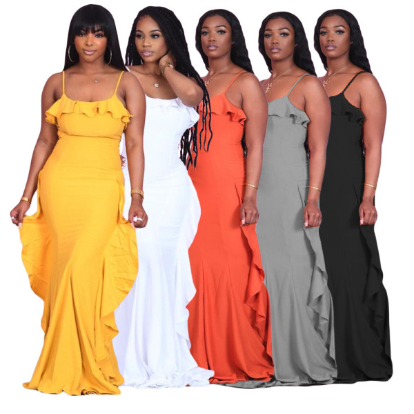 Einfarbiges Sling-Rüschenkleid für Modefrauen
