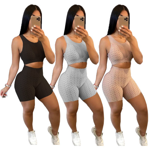 Women's mesh patchwork tight see-through sexy sleeveless yoga exercise two-piece suit