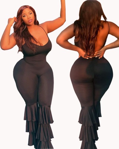 Plus Size Sexy Solid Color Sling Backless Layered Ruffle Leaf Jumpsuit