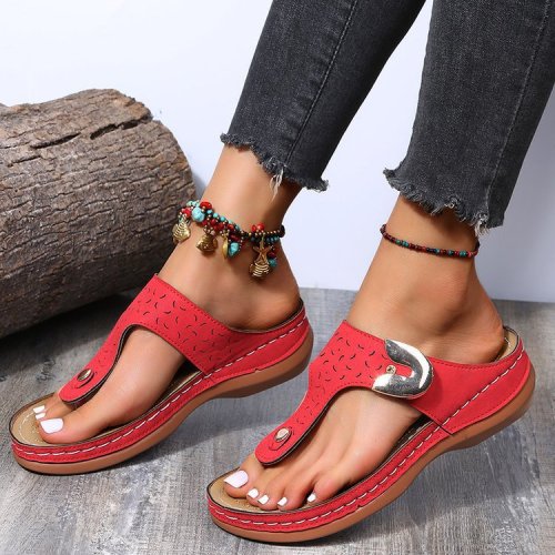 Clip-toe sandals women's spring round head hollow metal buckle wedge heel outer wear solid color flip flops