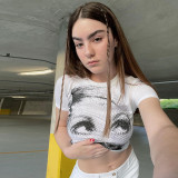 Face Print Rundhals Slim Kurzarm T-Shirt Mode Street Hipster Casual Oberbekleidung Top Frauen