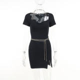Sommerkette Neckholder kurzärmliges Kleid modisches Temperament sexy hohler schwarzer kurzer Rock