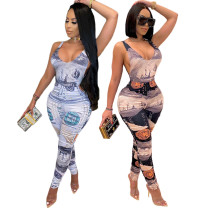 Women's Summer Personality Dollar Print Sexy Backless Two Piece Set