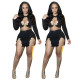 Women Sexy Split Chain Nightclub Hollow Out Long Sleeve Top And Mini Dress Two Piece Set
