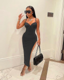 Women Sexy Low-Cut Backless Solid Color Straps Slit Bodycon Dress