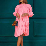 Women Spring Long Sleeve Wrinkled Solid Color Loose Oversized Shirt Dress