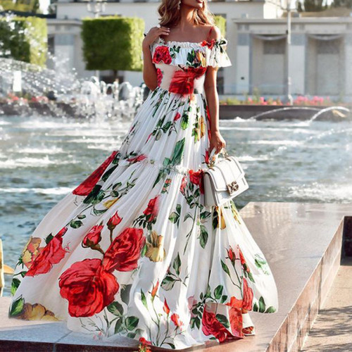 Women Summer Print Off Shoulder Width Maxi Dress